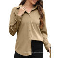 Women's Button Down Shirts Soft Polyester Chiffon Long Sleeve Shirt Fold Pleated Back Solid Workwear XS-XXL
